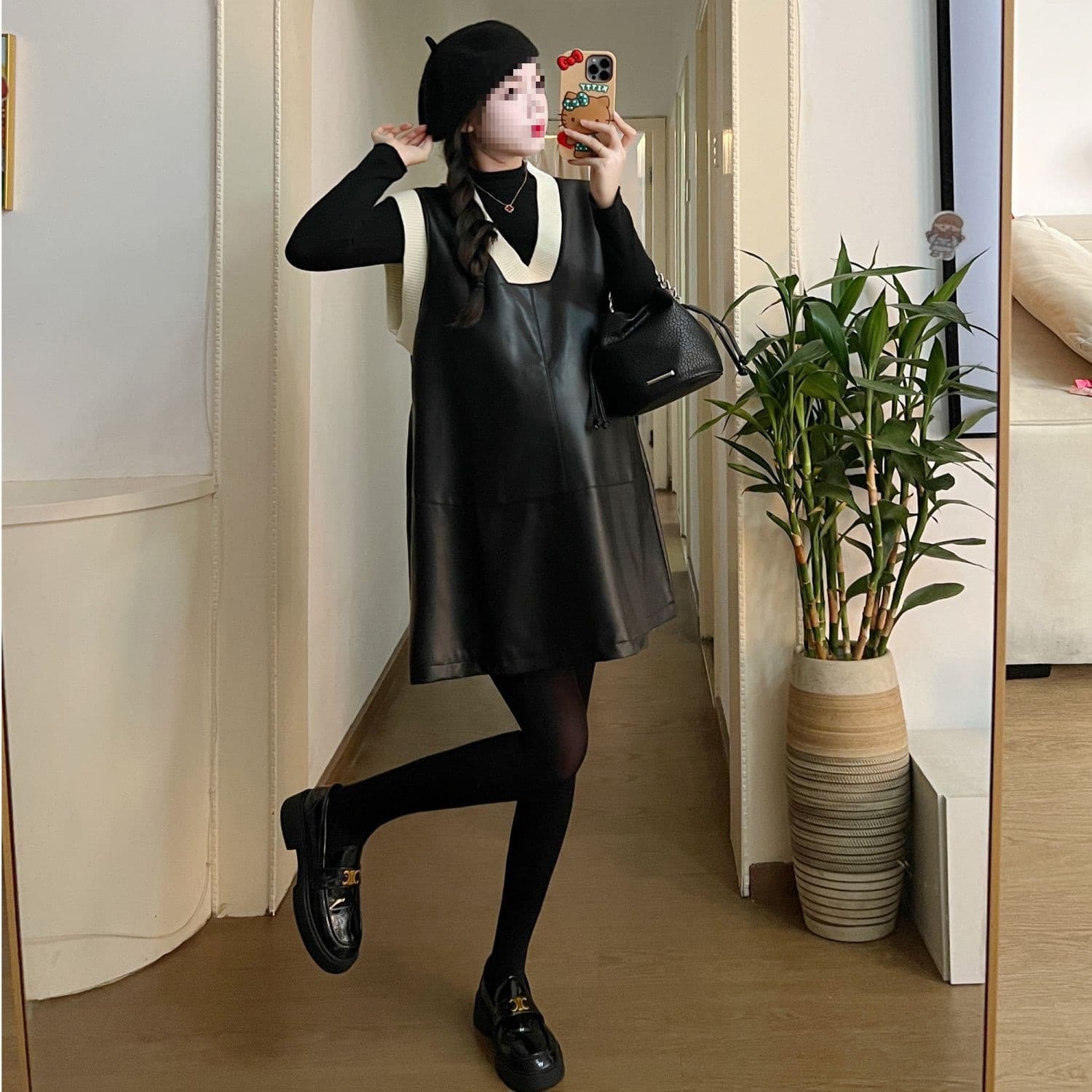 Maternity Spring Outfit New Style, Black Sweet Cool Style Leather Color-Blocking Vest Dress Set, Fashion Dress Petite