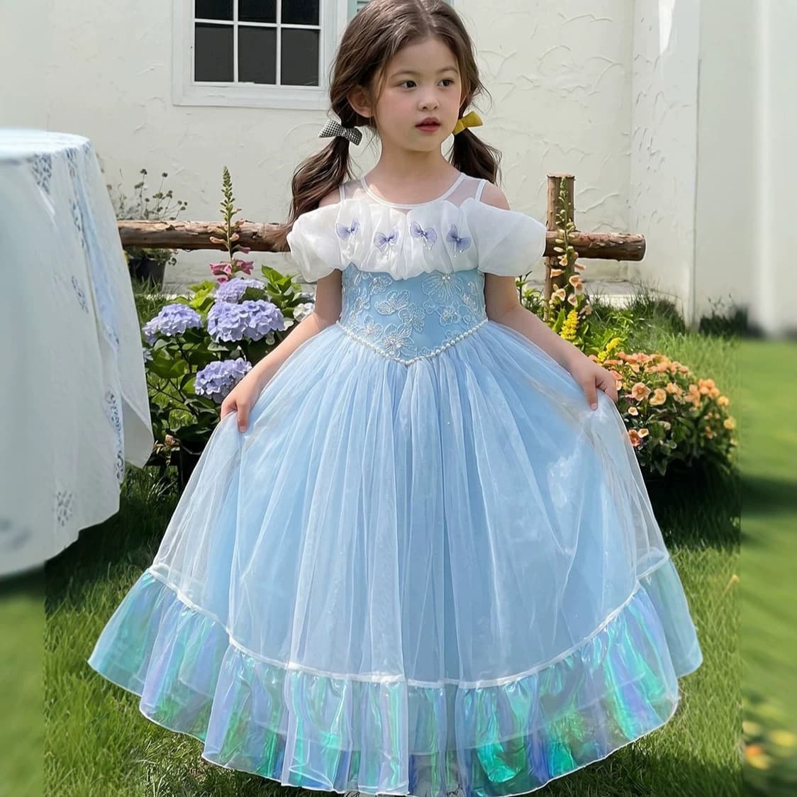 2026 Summer Girls Princess Tulle Dress Iridescent Elsa 61 Children's Day Princess Dress Cake Skirt Bow Tie Gown