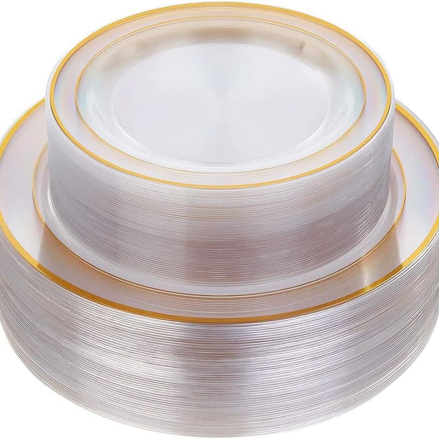 7.5 10.25 inch Transparent Gold Rim Round Disposable Tableware Party Set 175PCS Transparent Gold Rim Plates