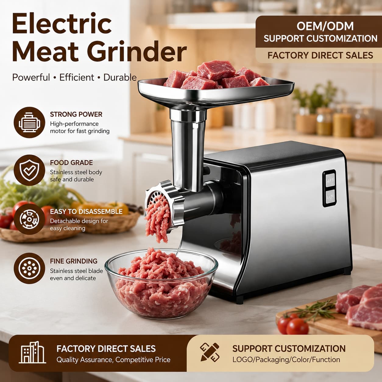 Factory Direct Electric Meat Grinder, Household Small Automatic Multifunctional Vegetable Chopper, Meat Grinder and Sausage Stuffer 3-in-1
