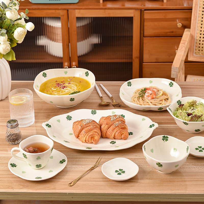 Clover Dinnerware Set - Hand-painted Ceramic Rice Bowls, Soup Bowls, Plates, Chopsticks, Full Set, Underglaze Color