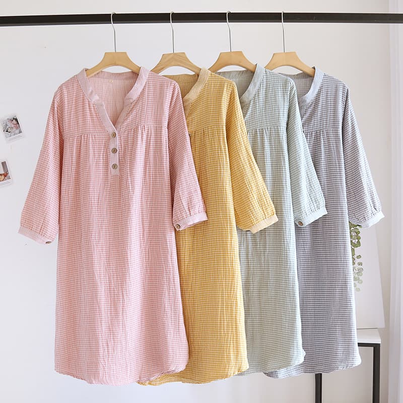 Pure Cotton Gauze Plaid Sleep Dress Long Sleeve Home Skirt Thin Casual Short Sleeve Leisure plus Size V-neck Dress