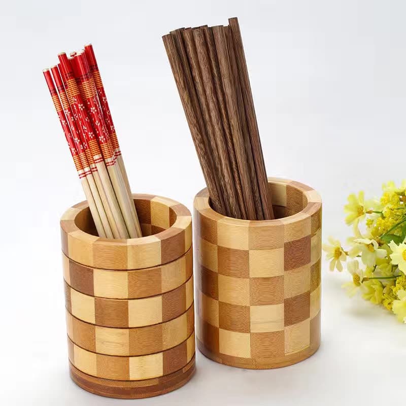 Wooden Round Desktop Chopsticks Holder with Engraved Logo, Restaurant Dining Utensils Storage Box, Household Chopsticks Tube