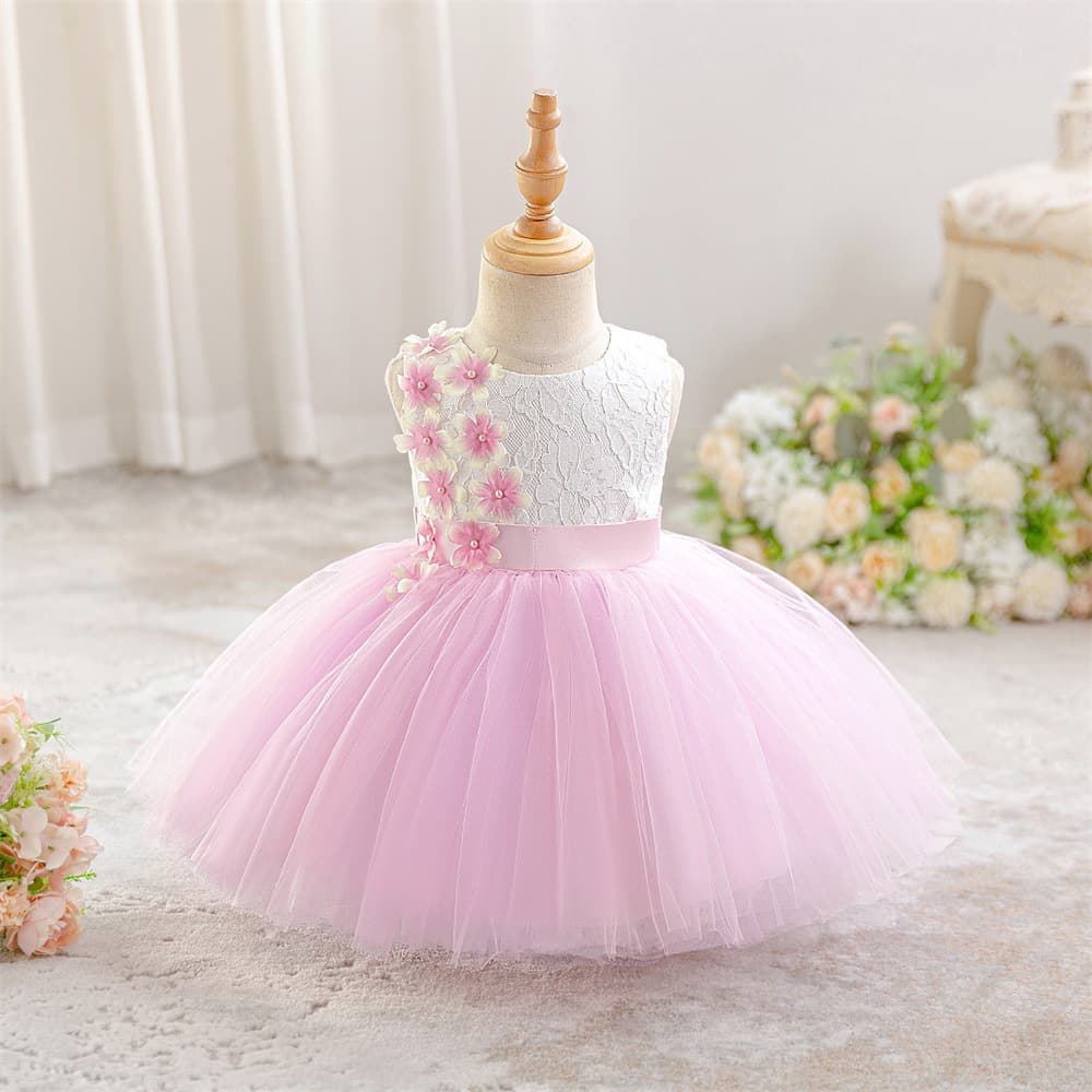 New European and American One-Year-Old Baby Baptism Dress, Infant Handmade Floral Side-Embroidered Mesh Tulle Gown, Girls' First Birthday Dress