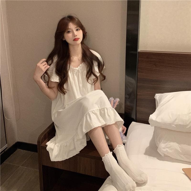 2026 Fairy Pajamas Women's Nightgown Princess Style Summer Sweet Ruffled Short Sleeve White Nightgown Home Clothes Summer