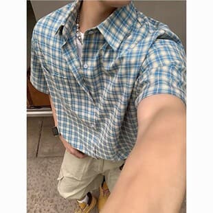 American Retro Plaid Shirt Men Short Sleeve Summer Casual Trendy Ice Silk Shirt Men High-End Streetwear Rogue Style Jacket