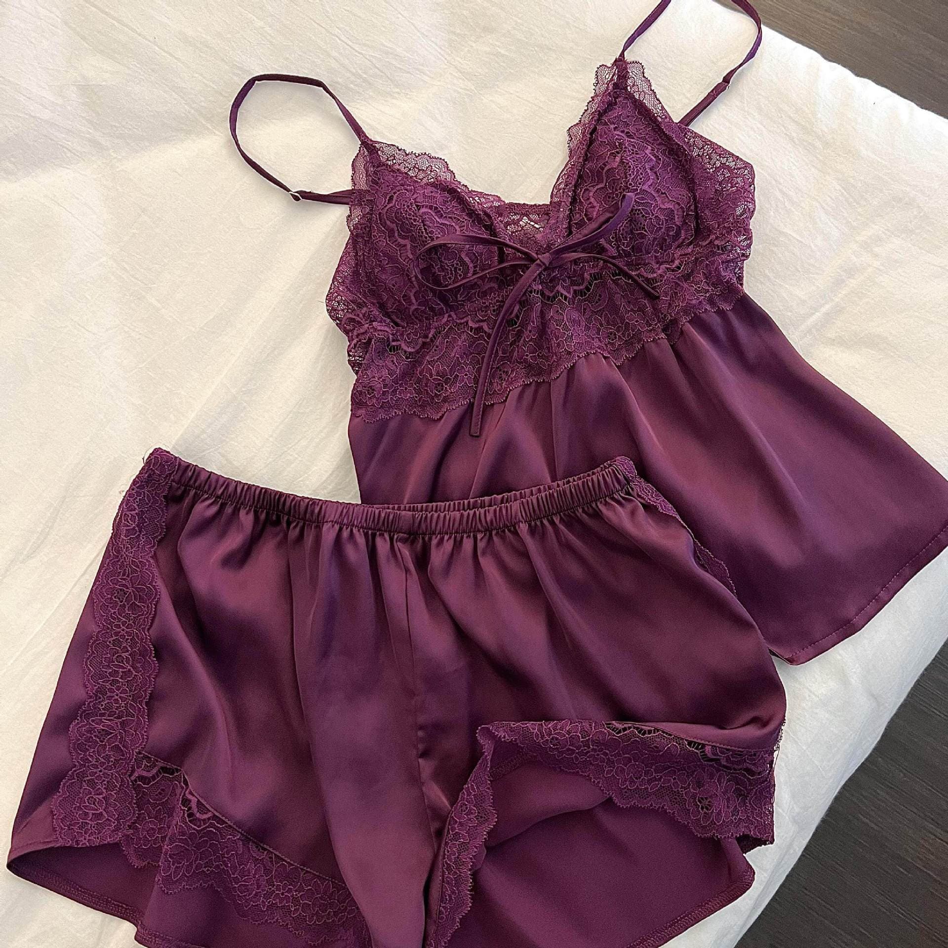 Premium Purple Satin Ice Silk Pajamas for Women 2026 Summer Sexy Camisole Shorts Homewear Two-Piece Set
