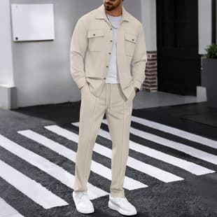 Cross-border Europe and America Autumn New Waffle Knit Long Sleeve Shirt and Pants Two-Piece Set Solid Color Double Pocket Cargo Cardigan Shirt Set