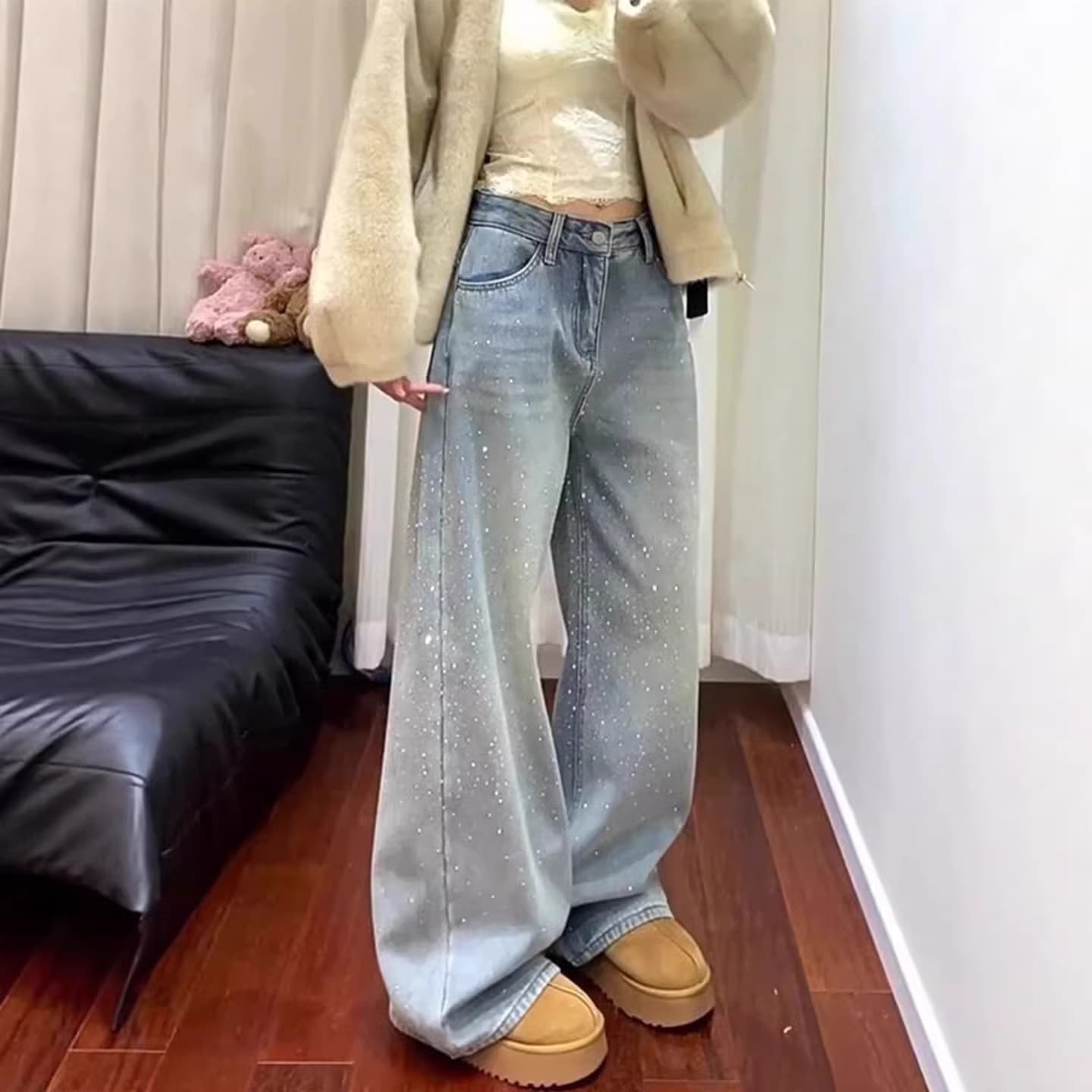 American High Street Starry Sky Rhinestone Jeans for Women Spring New Plus Size High Waist Loose Slim Straight Wide Leg Pants