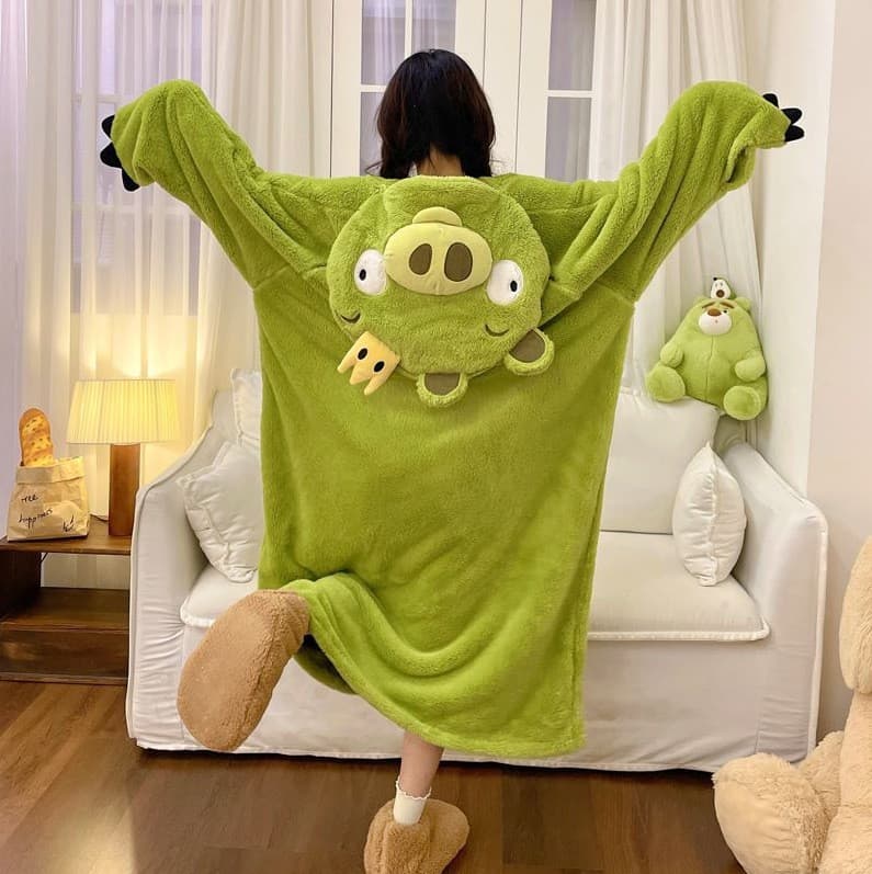 King Pig Pajamas Women's Winter Coral Fleece Thick Warm Cute Cartoon Hooded Robe Funny Homewear Wearable Outside