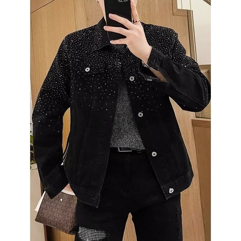 Hot Sale Of The Season Men's Fashion Diamond-Encrusted Jacket Loose Star-Embroidered Casual Versatile Outerwear Regular-Length S