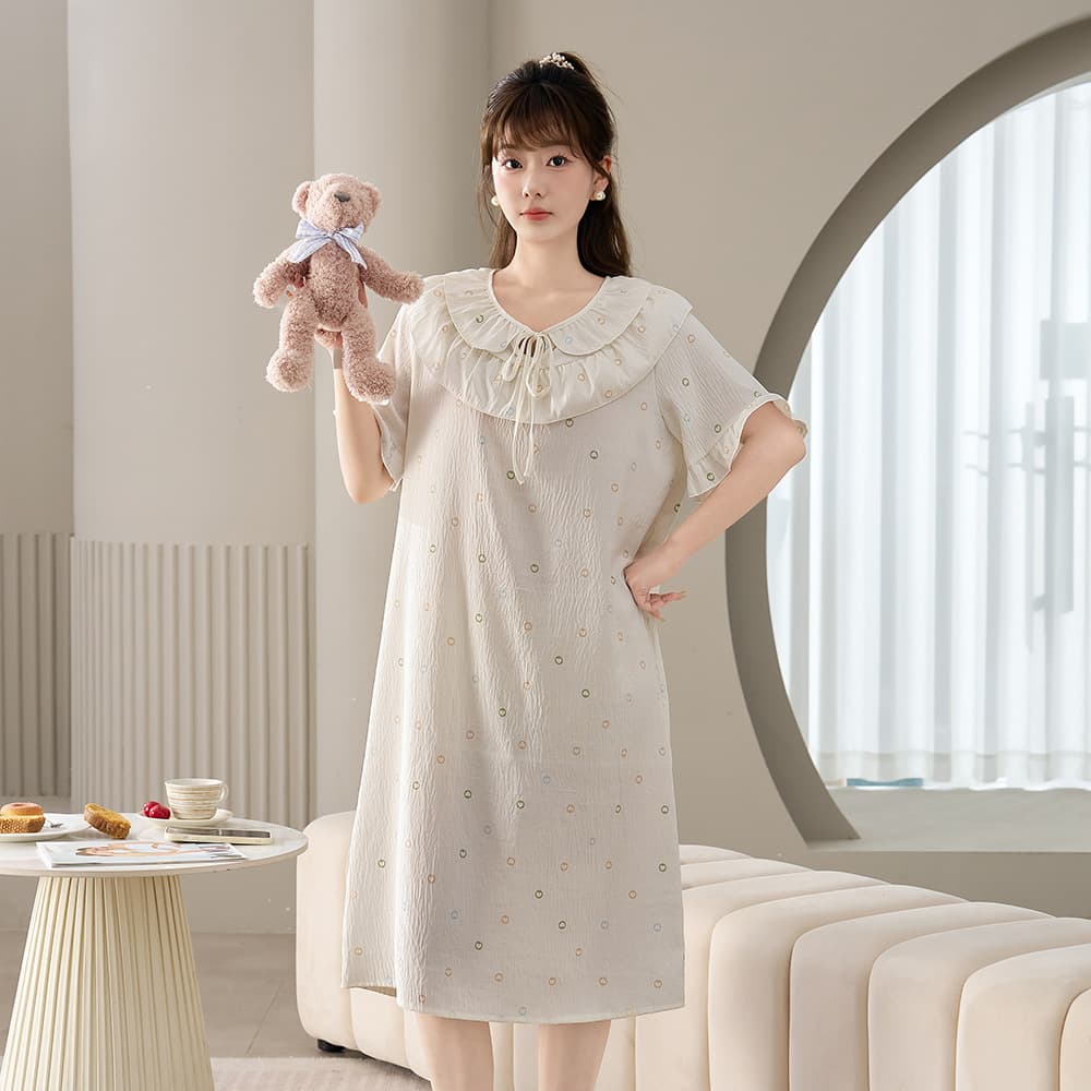 Cross-border cloud cotton nightgown women's short-sleeved mid-length dress double-layered round neck cute and sweet student home wear