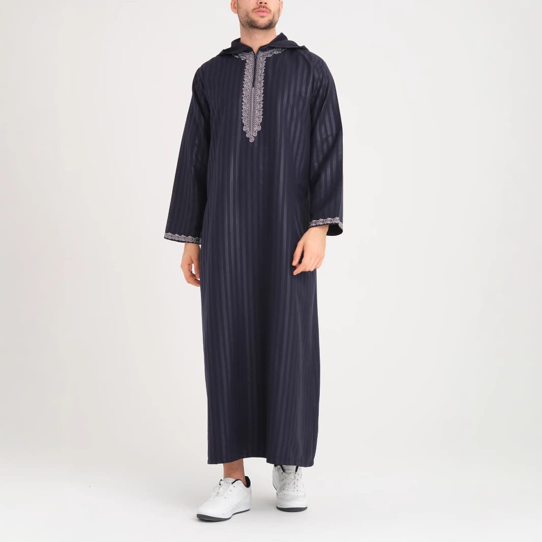 2025 New Middle Eastern Cross-Border Muslim Long-Sleeved Embroidered Striped Robe, Moroccan Men's Hooded Robe with Side Opening