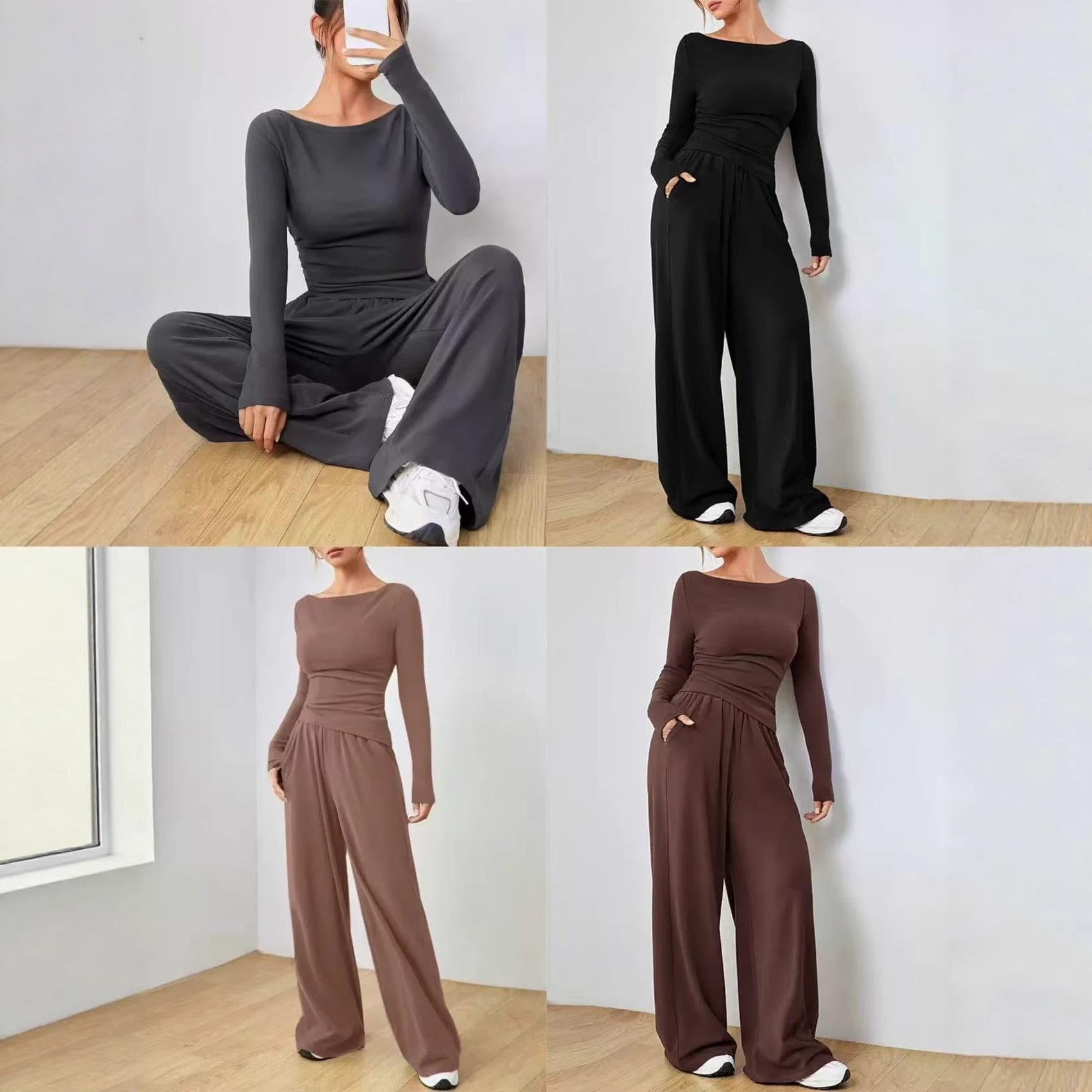 In Stock Women Casual Sets Solid Color Loungewear Set Loose Slimming Breathable Long Wide Leg Pants Two-Piece Set