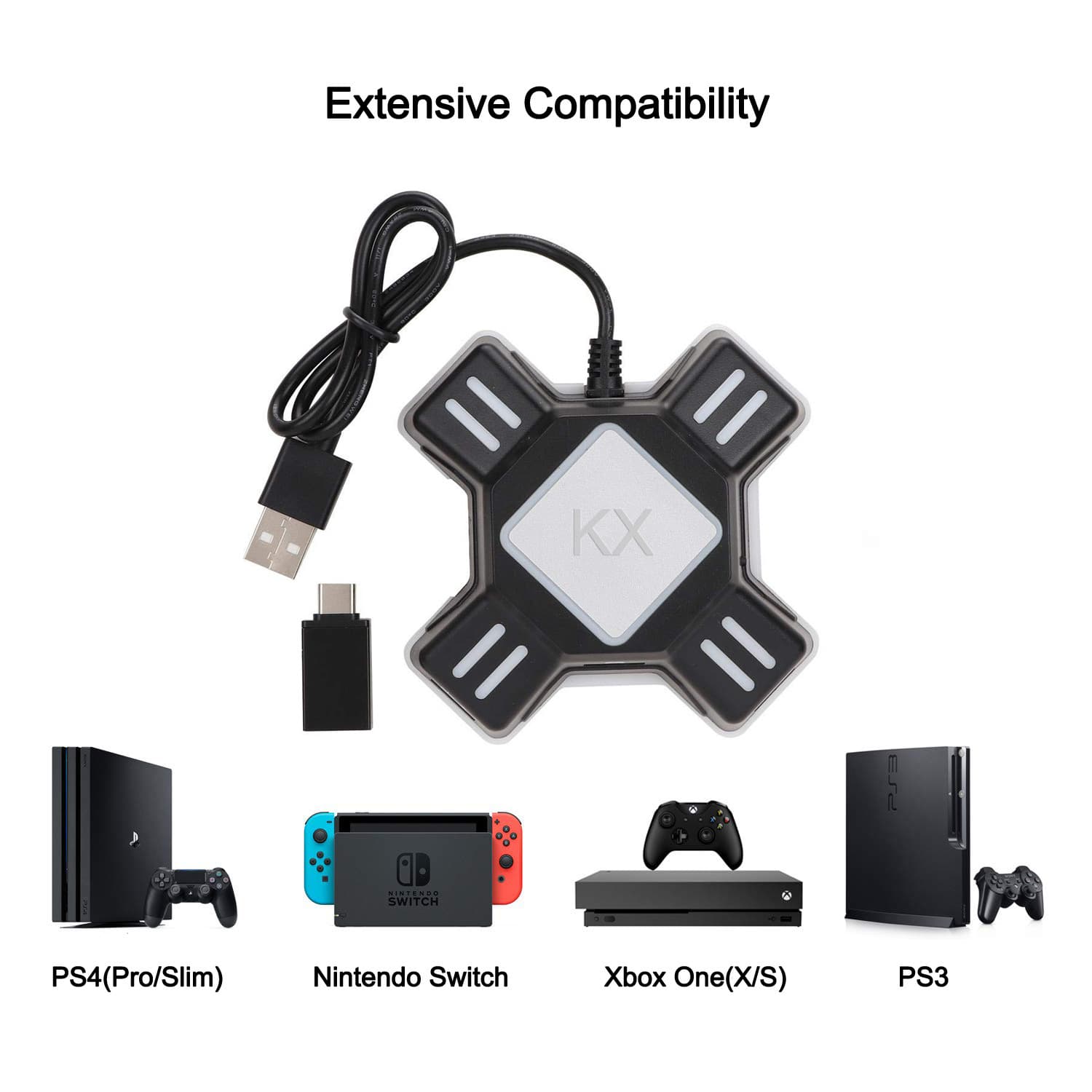 KX Converter Box Switch/X-box/PS5/PS4/PS3 Game Controller to Keyboard Mouse Control Adapter