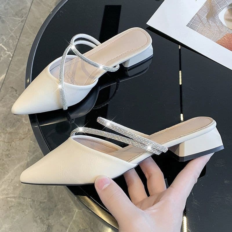 Versatile outer wear pointed toe women's shoes summer fairy Baotou low heel sandals new sexy rhinestone 2026 soft leather Korean version genuine
