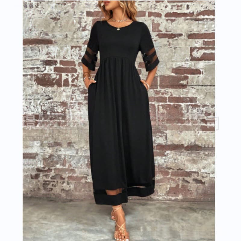New Cross-Border Trade Hot Selling Plus Size Women's Dress with Half Sleeve Mesh Round Neck Patch Pocket