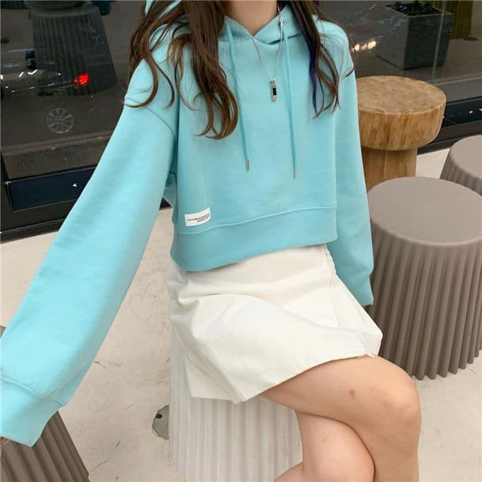 Korean Commuting Loose Versatile Simple Basic Hooded Short Solid Color Long Sleeve Sweatshirt Women