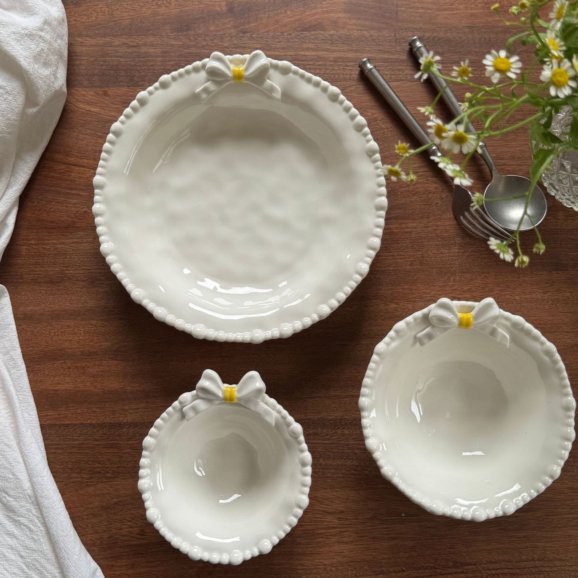 French Pearl Yellow Bow Ceramic Tableware Ceramic Plate Ceramic Bowl Dessert Plate Dinner Plate Cake Plate Fairy Plate