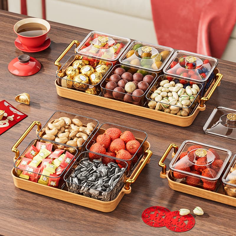 Festive New Year Candy Box Plastic Divided Dried Fruit Tray Living Room Coffee Table Snack Dessert Sorting with Lid Wood Grain Fruit Plate