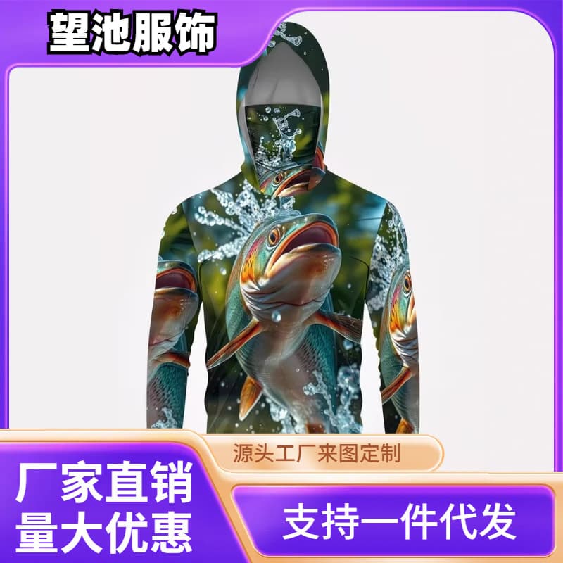 European and American Cross-Border Sun Protection Clothing 3D Printed Long-Sleeved T-Shirt with Round Neck and Hooded Mask Design for Outdoor Running, Sports, and Fishing