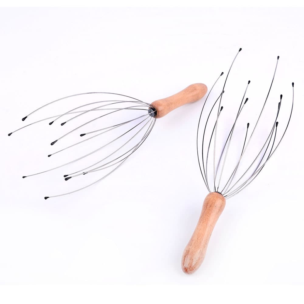 Wooden Handle Octopus Scalp Massager Stainless Steel Wire Head Acupoint Stimulation Massage 12-Claw Soul Extractor