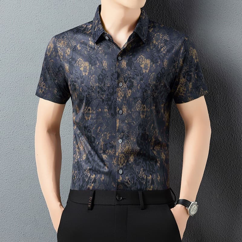 Mulberry Silk Fashion Trendy Floral Print Short Sleeve Shirt Men Summer New Ice Silk Seamless Business Breathable Dress Shirt