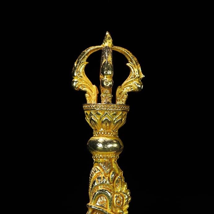 Large Tibetan Vajra Pestle Ritual Set: Tibetan-style Ritual Implements, Majestic Gilded Demonic-Subduing Vajra Axe and Pestle Ornaments