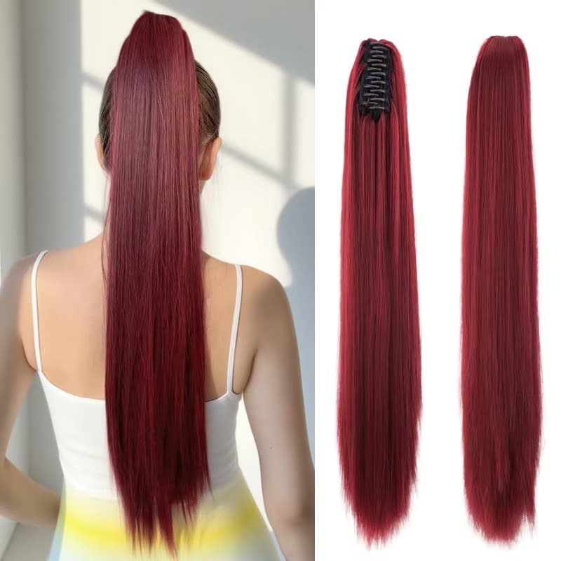Long Straight Hair Wig for Women, Large Claw Clip Ponytail, Natural Realistic Wine Red Synthetic Fiber Ponytail, Wholesale Artificial Long Hair