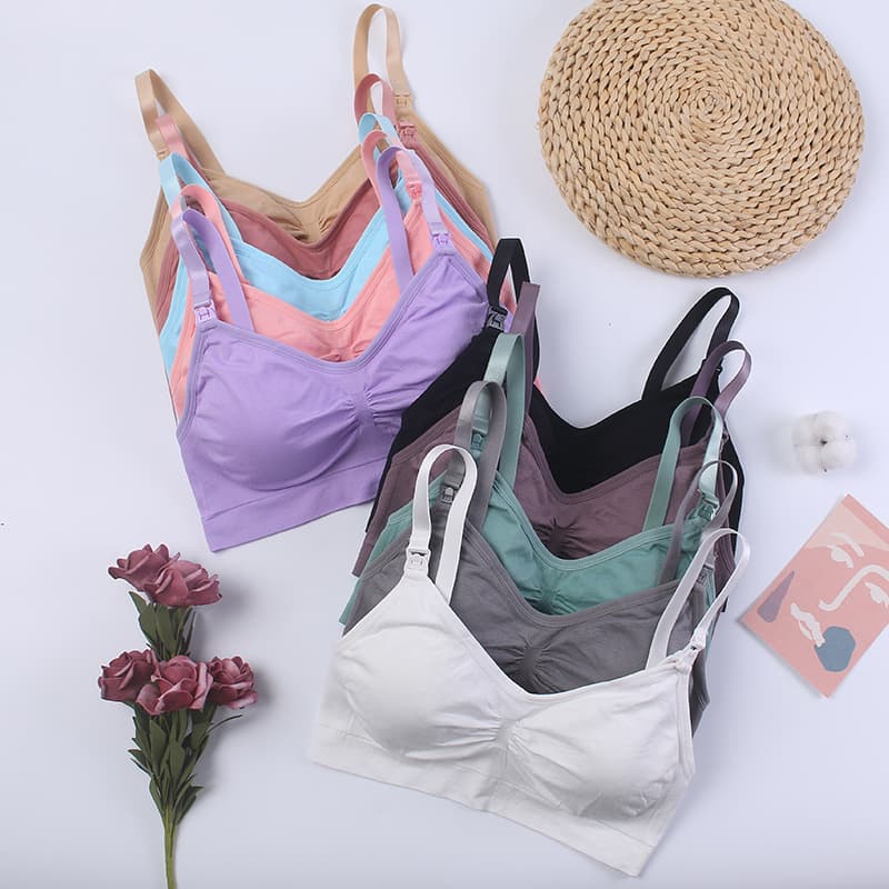 Nursing bra with top clasp, wire-free, double-layer seamless, postpartum feeding bra, comes with removable and breathable nursing pads.