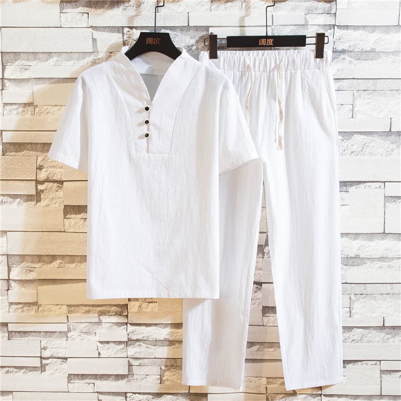 2025 Summer Thin Linen Set Men's Plus Size Chinese Style Loose Retro Cotton Linen Two-Piece Set