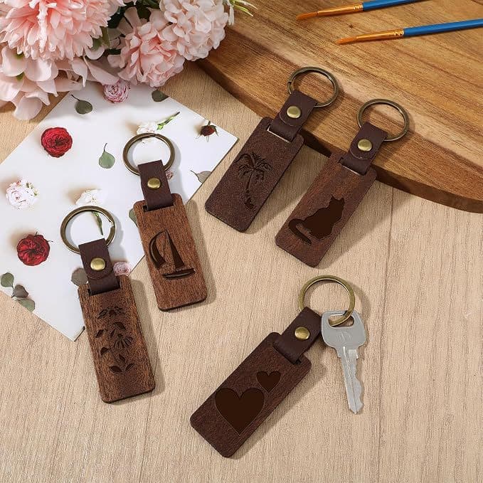 Cross-border blank wooden keychain leather cord pendant laser engraved wooden key chain gift bag pendant accessories