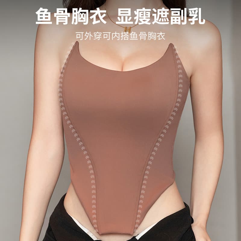 Spicy American Style Strapless Fishbone Bra with Integrated Pads, Slimming, Can Be Worn Outerwear, No Need to Wear, Shoulderless Bra