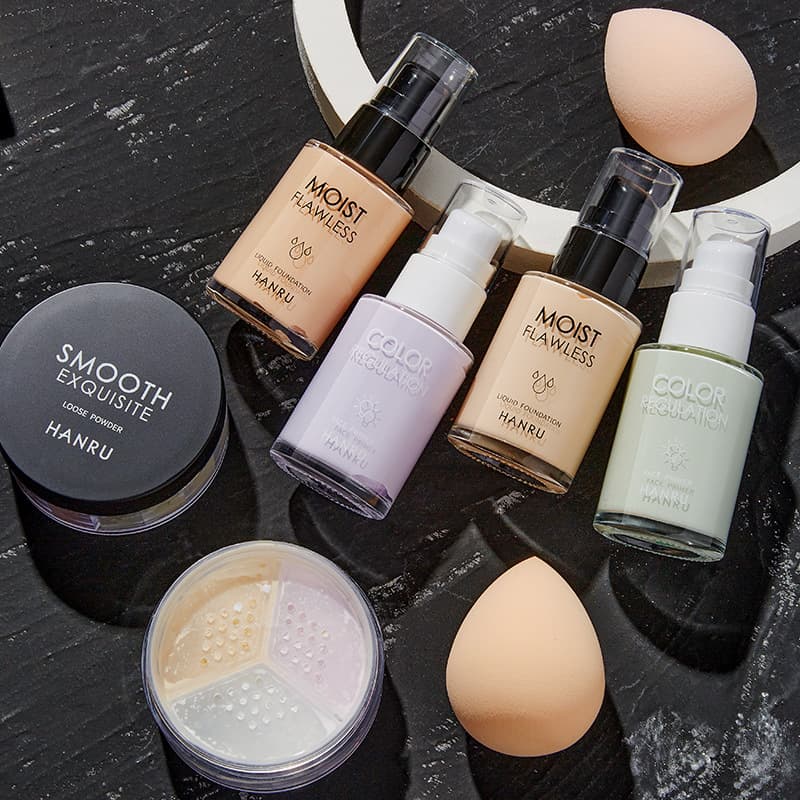 Korean Yu Four-Piece Makeup Set Foundation Liquid Isolation Setting Powder Cosmetic Kit Natural/Oyster Color Neutral Skin
