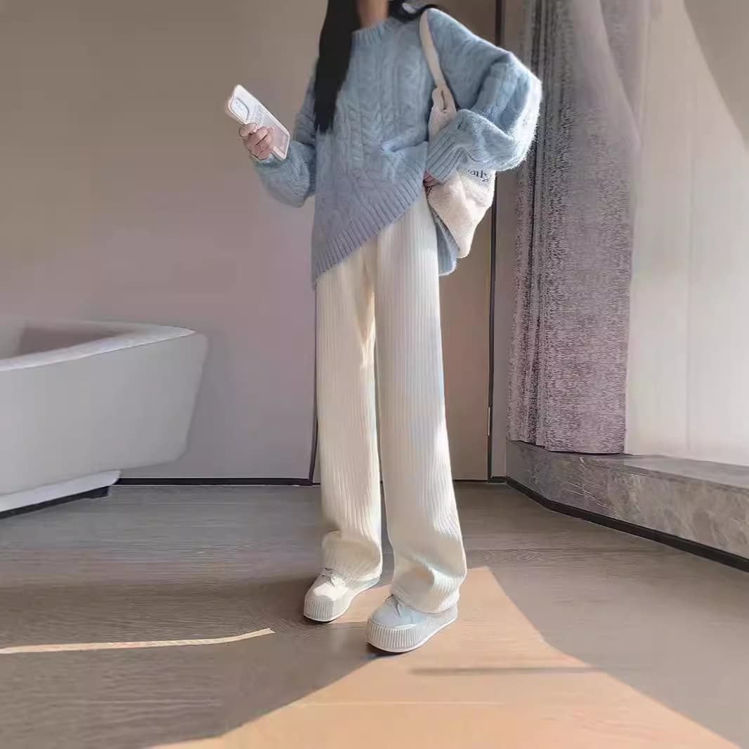Women's High-Waisted Straight-Leg Casual Pants White Narrow-Fit Loose-Fit Draped Autumn/Winter Chenille Bell Bottoms