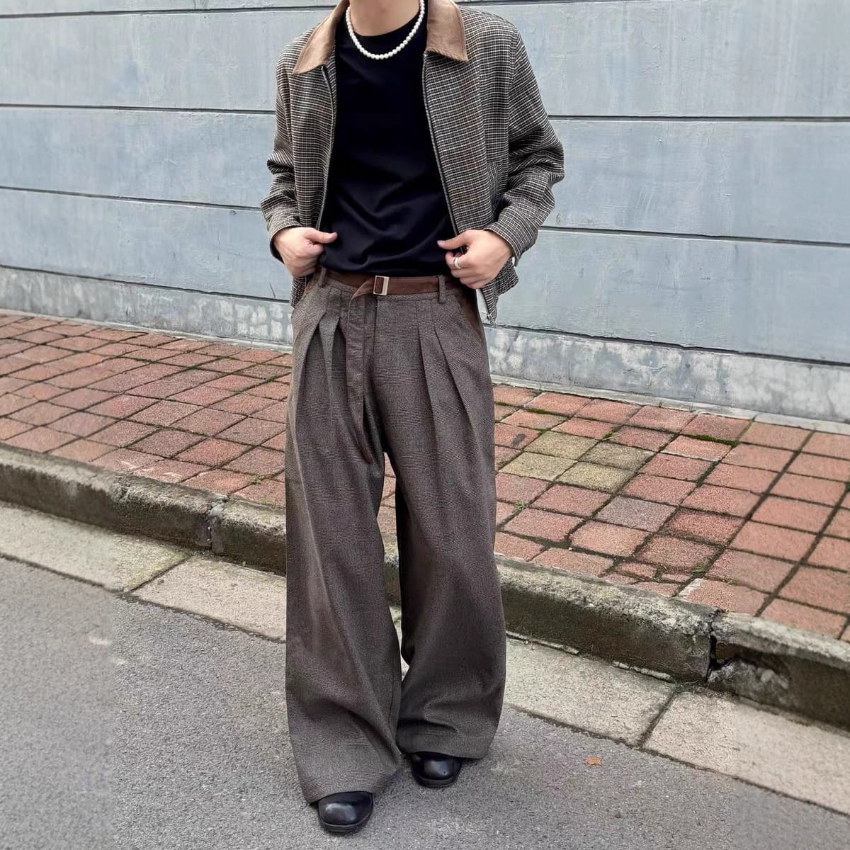 Houndstooth suede belt pleated stitching old money style casual trousers for men and women retro smart straight wide leg trousers