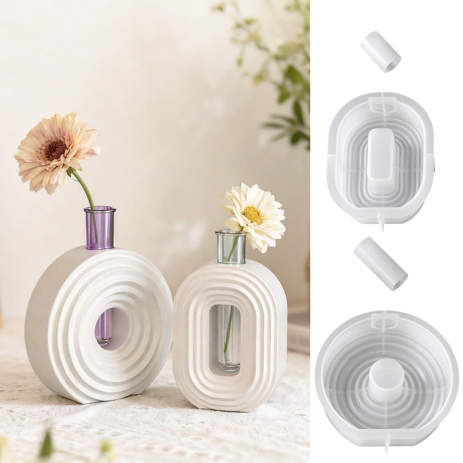 Minimalist Oval Striped Vase Plaster Decoration DIY Aromatherapy Semi-3D Ring Flower Pot Silicone Mold