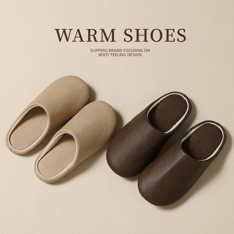 PU waterproof cotton slippers for women, plush and warm for winter, soft sole, quiet and non-slip, suitable for indoor and home use, autumn and winter cotton slippers for men.