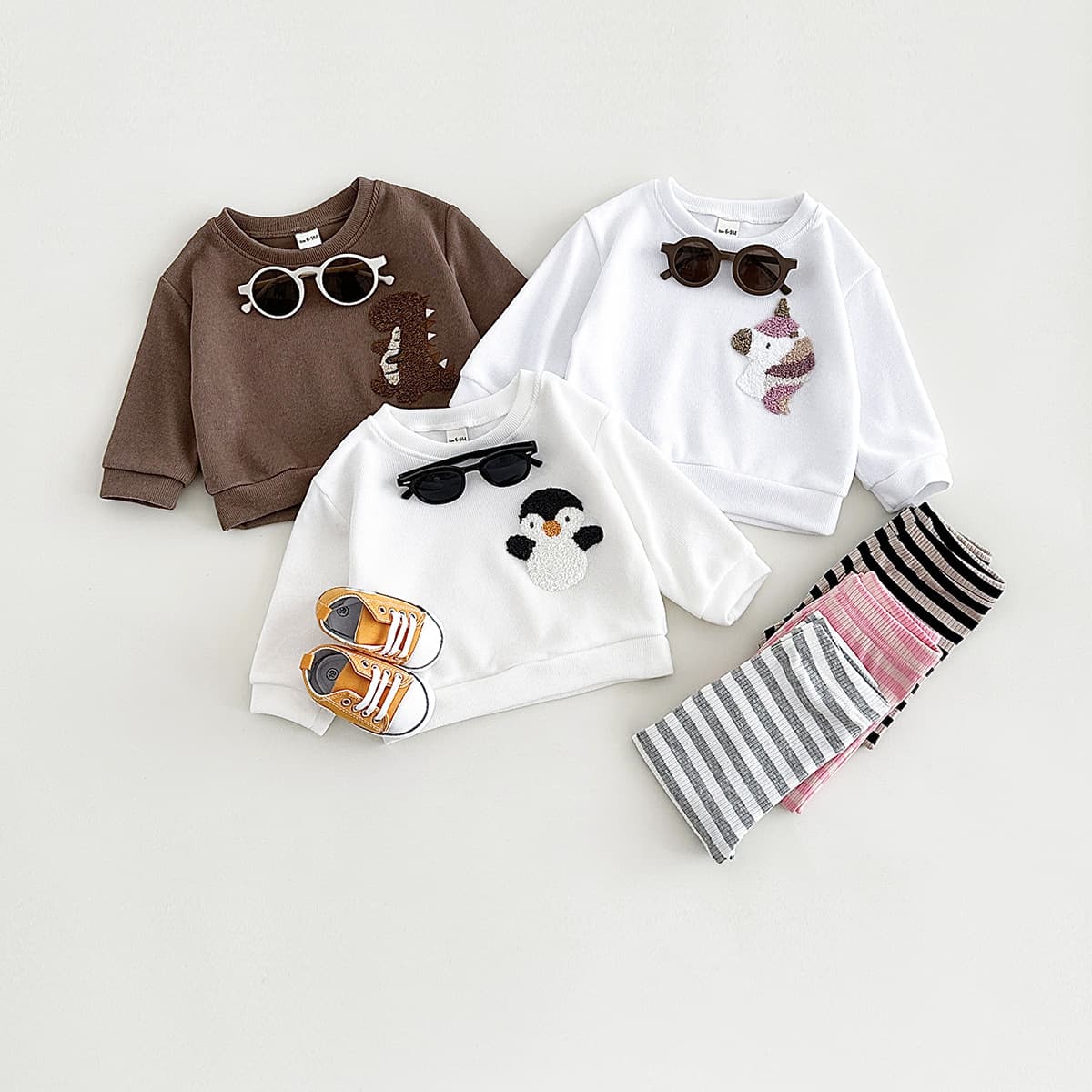 Kids Cartoon Dinosaur Unicorn Embroidered Long-Sleeve Striped Leggings Set, Spring/Fall Baby Versatile Two-Piece Outfit