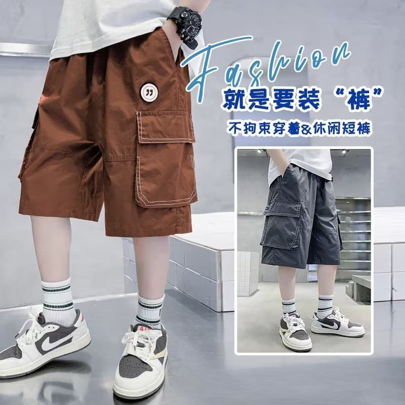 Children's Summer Cotton Cargo Shorts 2024 New Style Boys Trendy Pants for Middle and Older Kids