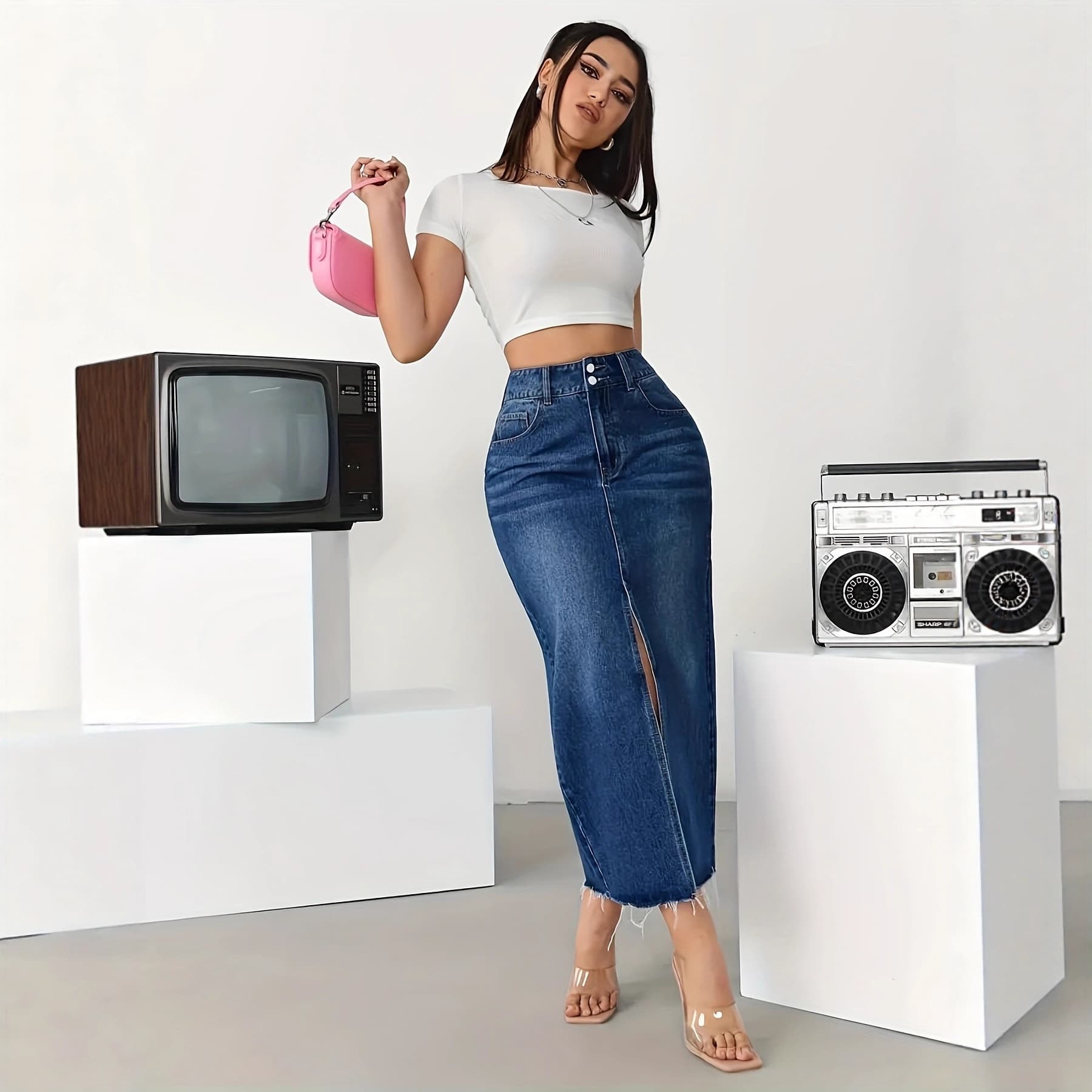 Women's Long Denim Skirt High Waist Split Skirt Zipper Long Skirt Stretch Denim Skirt with Pockets Plus Size