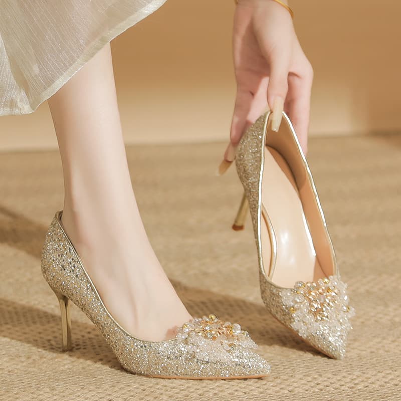 2026 Summer New Wedding Shoes Women Pointed Toe Shallow Mouth Crystal Shoes Sequins Bridesmaid Shoes Shallow Mouth Rhinestone Shoes