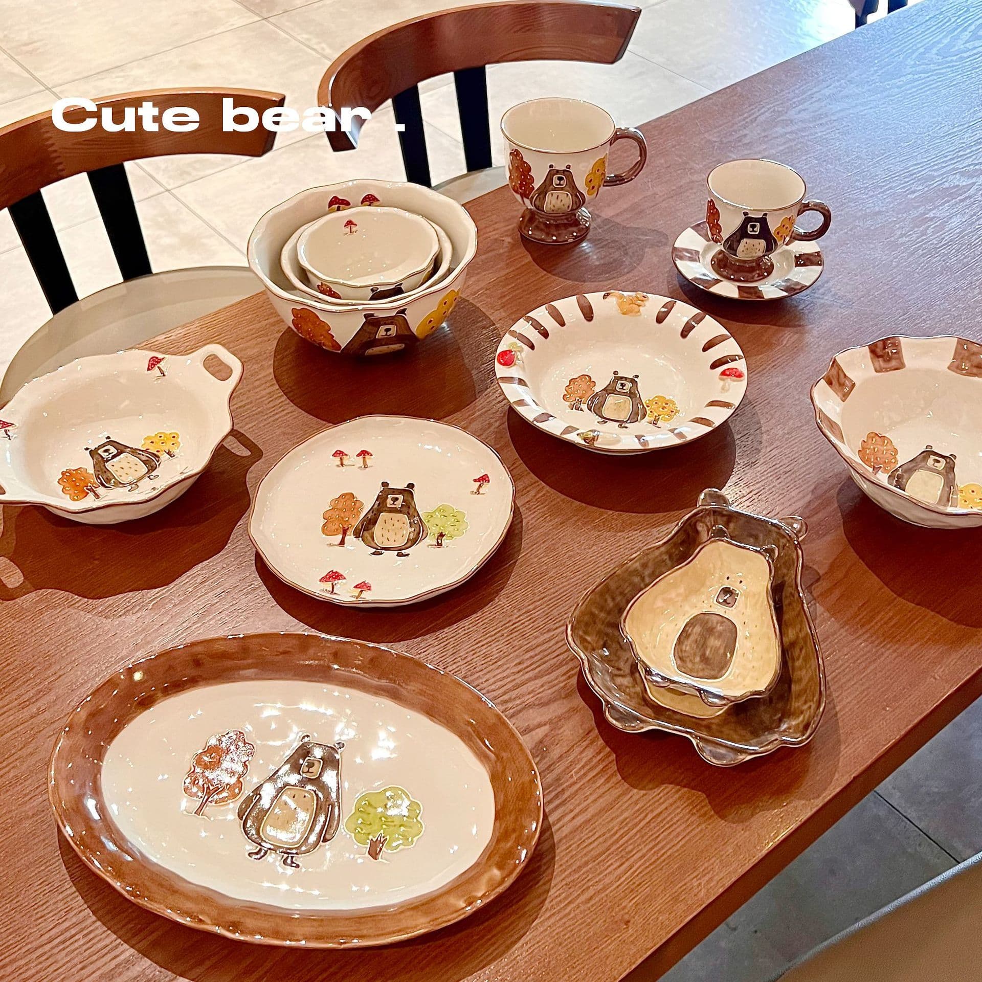 Bear Forest Cartoon Cute Bear Household Ceramic Rice Bowl New High Appearance Tableware Set Adorable Little Bear