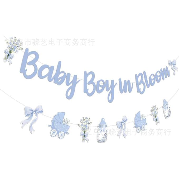 Blue Floral Baby Boy Newborn Party Bunting Banner with Bow and Flower Theme for Baby Shower Decoration