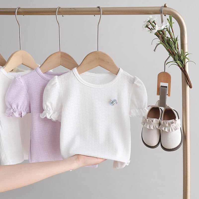 Girls' Short-Sleeved T-Shirt Summer New Children's Baby Puff Sleeve Undershirt Summer Baby Thin Half-Sleeve Top