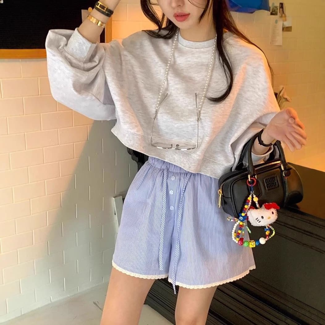Korean Dongdaemun Summer 2025 Casual Wide Leg Short Pants Women's Elastic Waist Stripe Lace Trim Cotton Mid Waist Shorts