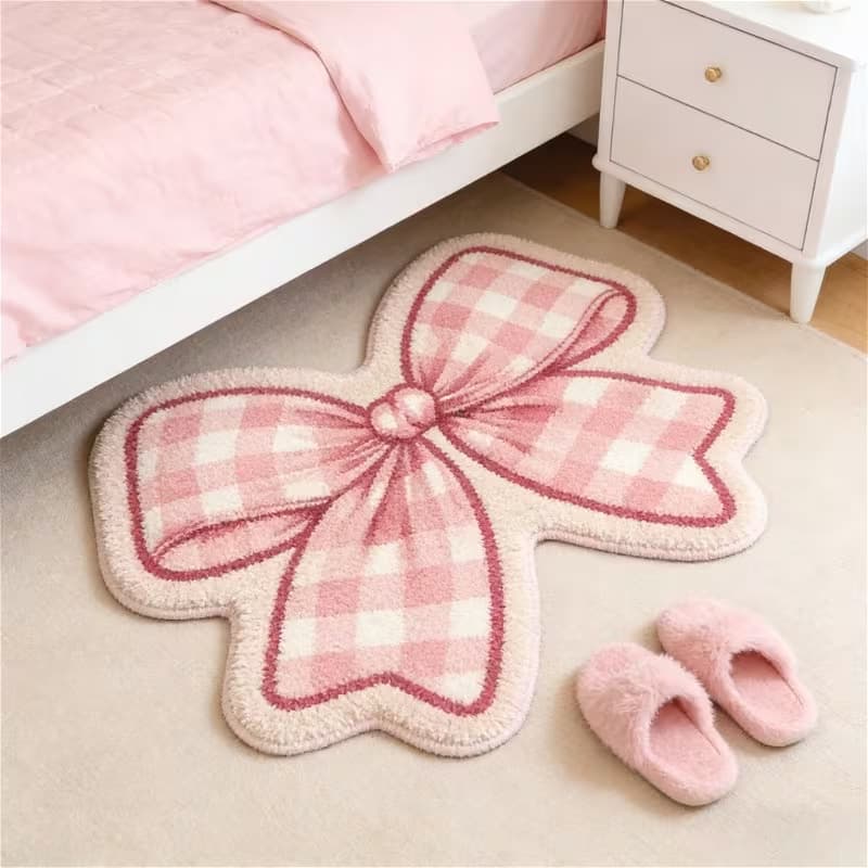 Girl's Heart Bow Tie Shaped Bedroom Bedside Mat Bathroom Water-Absorbent Anti-Slip Foot Mat Thick Soft Faux Cashmere Pad