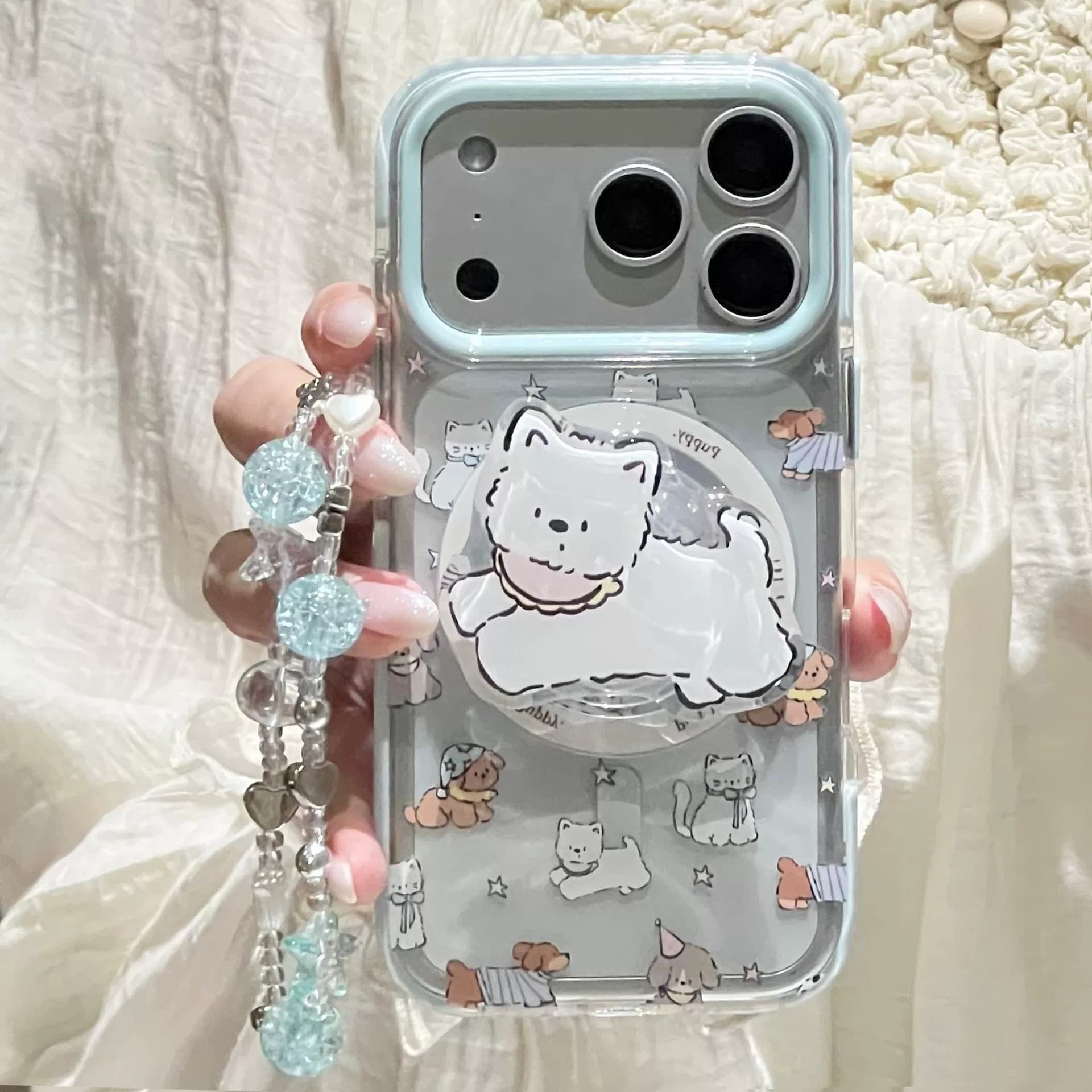 Fun little doodle dog suitable for 17pro Apple 15ProMax mobile phone case iPhone16 transparent magnetic holder