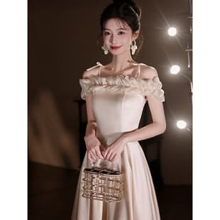 Off-Shoulder Satin Engagement Dress for Women, Light Luxury High-End Champagne Bridesmaid Dress, Adult Ceremony Daily Dress
