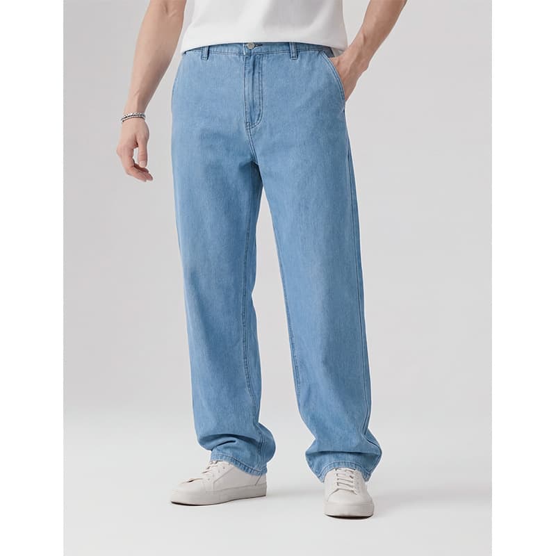 2025 Summer New Loose Straight Jeans Men's Trendy Versatile Thin Trousers Light Blue One Piece Dropshipping